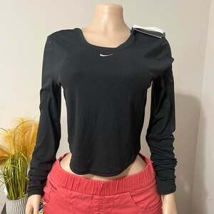 Nike Black Long Sleeve Ribbed Crop Top with White Swoosh - Size Large